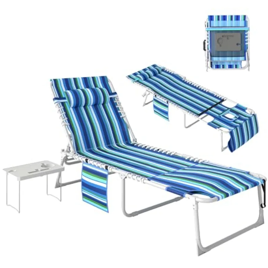 

Outdoor tanning chair with face hole and side table, 5-position reclining folding chaise lounge, carry straps for beach/pool/ca