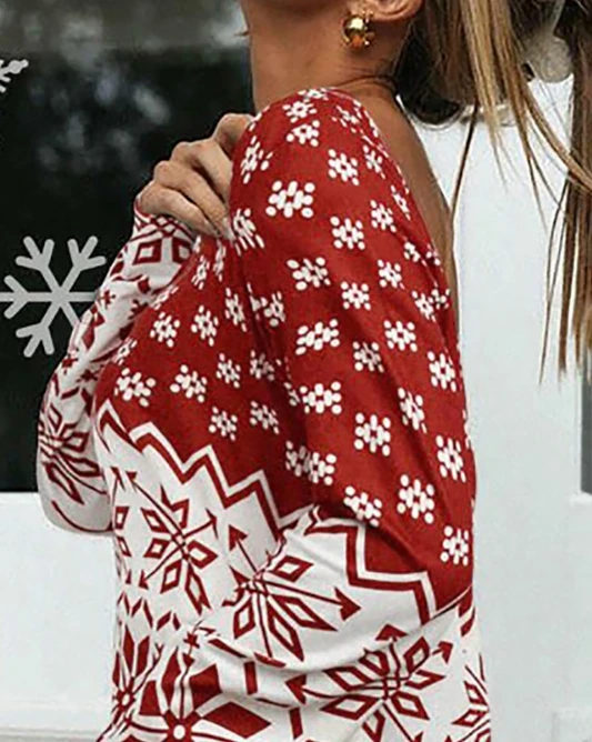 Women's Christmas Dress 2025 Autumn Winter Latest Christmas Print U-Shape Collar Mini Dress Backless Pleated Irregular Skirt