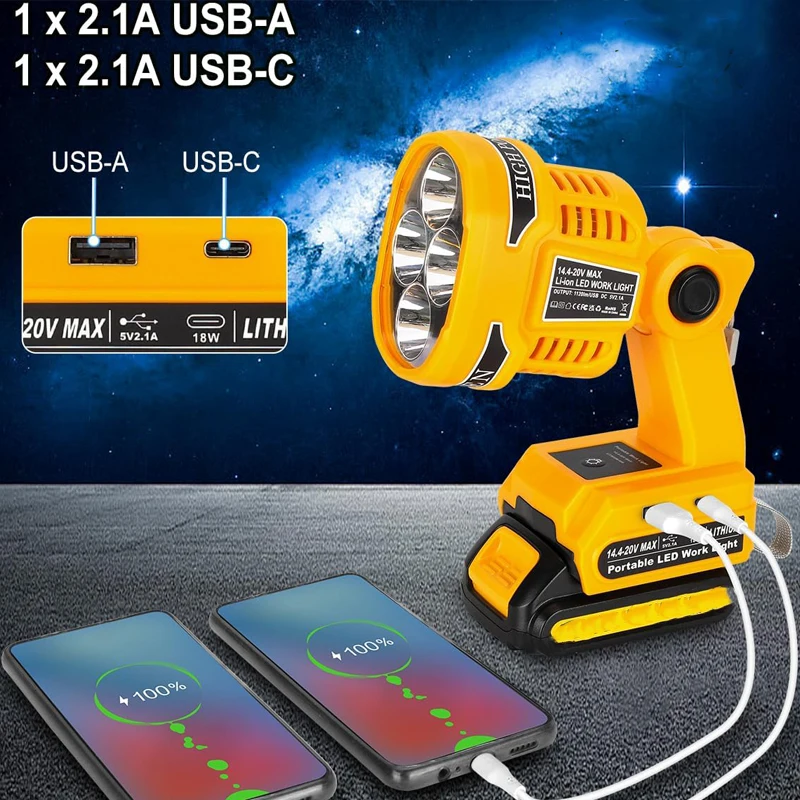 

Compatible with For Dewalt 20V Lithium Batteries Handheld Outdoor Spotlight Portable Folding Work Light 12W Wireless Flashlight