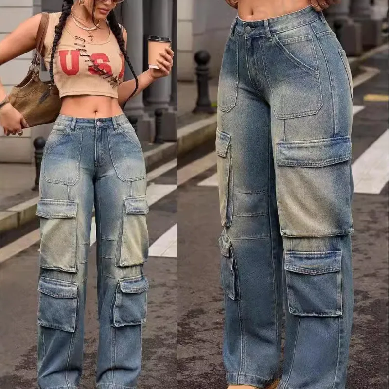 ANJY 秋の新女性 Y2K シックなカーゴジーンズストリートマルチポケットユーズド加工ストレートヴィンテージストリート潮インデニムパンツ A9122