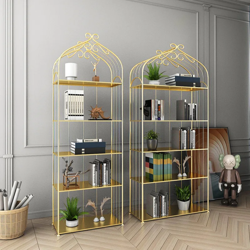 

Nordic gold simple wrought iron bookshelf floor-to-wall display rack light luxury living room shelf partition porch screen