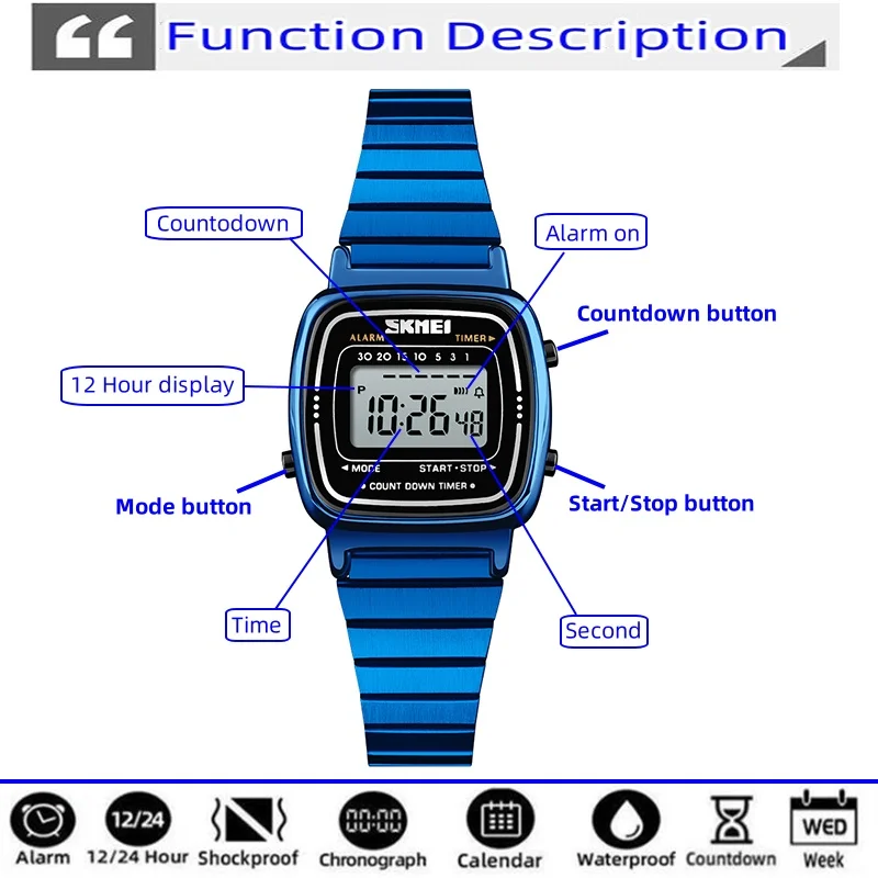 Skmei Womens Digital Watches Luxury Stainless Steel Strap Mineral Glass Dial 30m Waterproof Chronograph Fashion Lady Wristwatch
