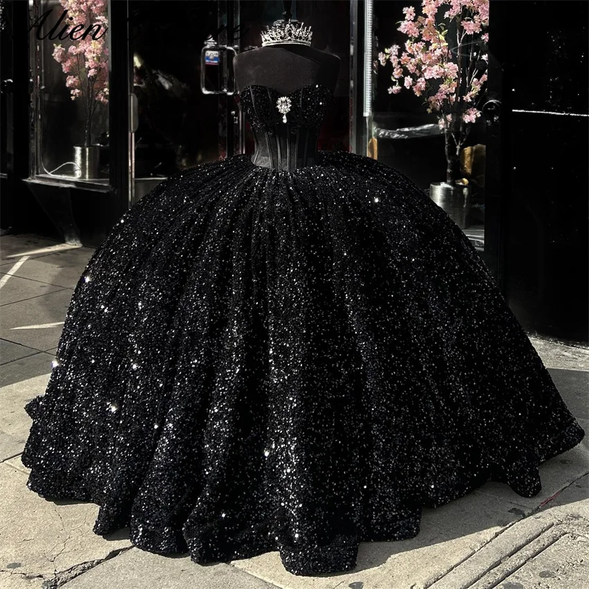 Glitter Black Sequins Quinceanera Dresses Ball Gown 2024 Beads Diamonds Sweet 16 Dress Birthday Party Gown