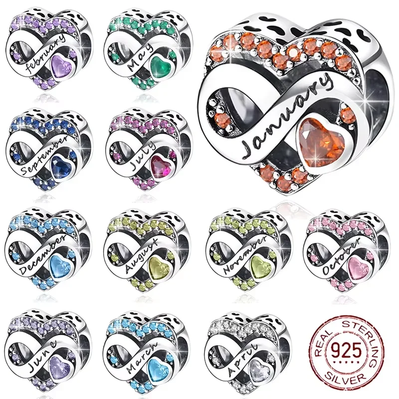 925 Sterling Silver January-December Birthday Stone Love Zircon Pendant Bead Fit Charms Necklace Bracelet Women Jewelry DIY Gift