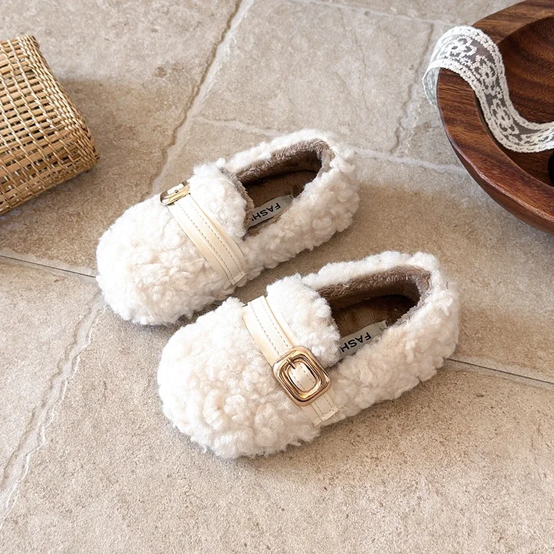 Mumoresip Children's Outdoor Cotton Shoes Winter Little Girls Fluffy Flat Shoes Slip-On Causal Soft Kids Plush Shoes Non-slip