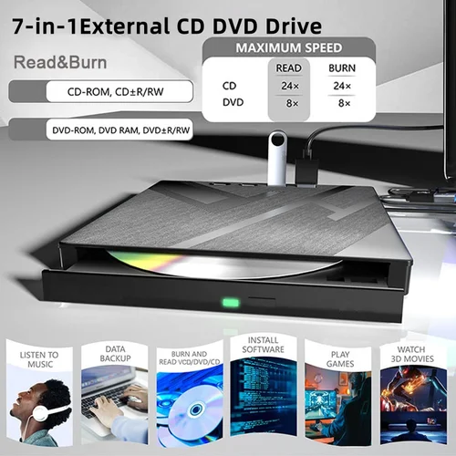 Imagen 2 del producto Unidad de CD DVD externa con 4 puertos USB y ranuras para tarjetas TF/SD Unidad de disco de CD/DVD portátil Lector de grabadora Escritor para computadora portátil