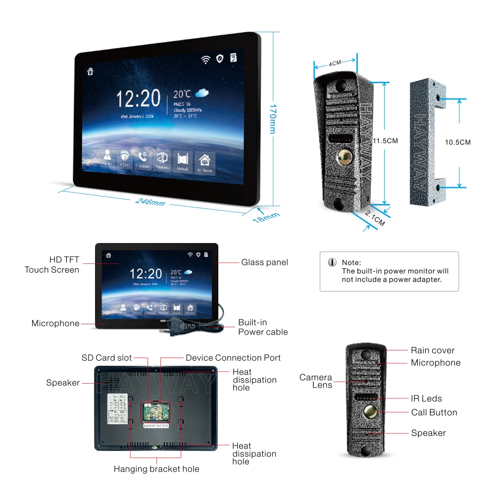 Hayway Tuya Wireless Video intercom Kit 10 "IPS Full Touch Screen 1080P Camera With Mobile Detection Support one-key Unlock