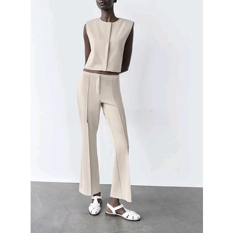 

Spring New Women's Faion Set with Line Decoration Flared Pants And ort Vest with Secret Button Design Ele Sle