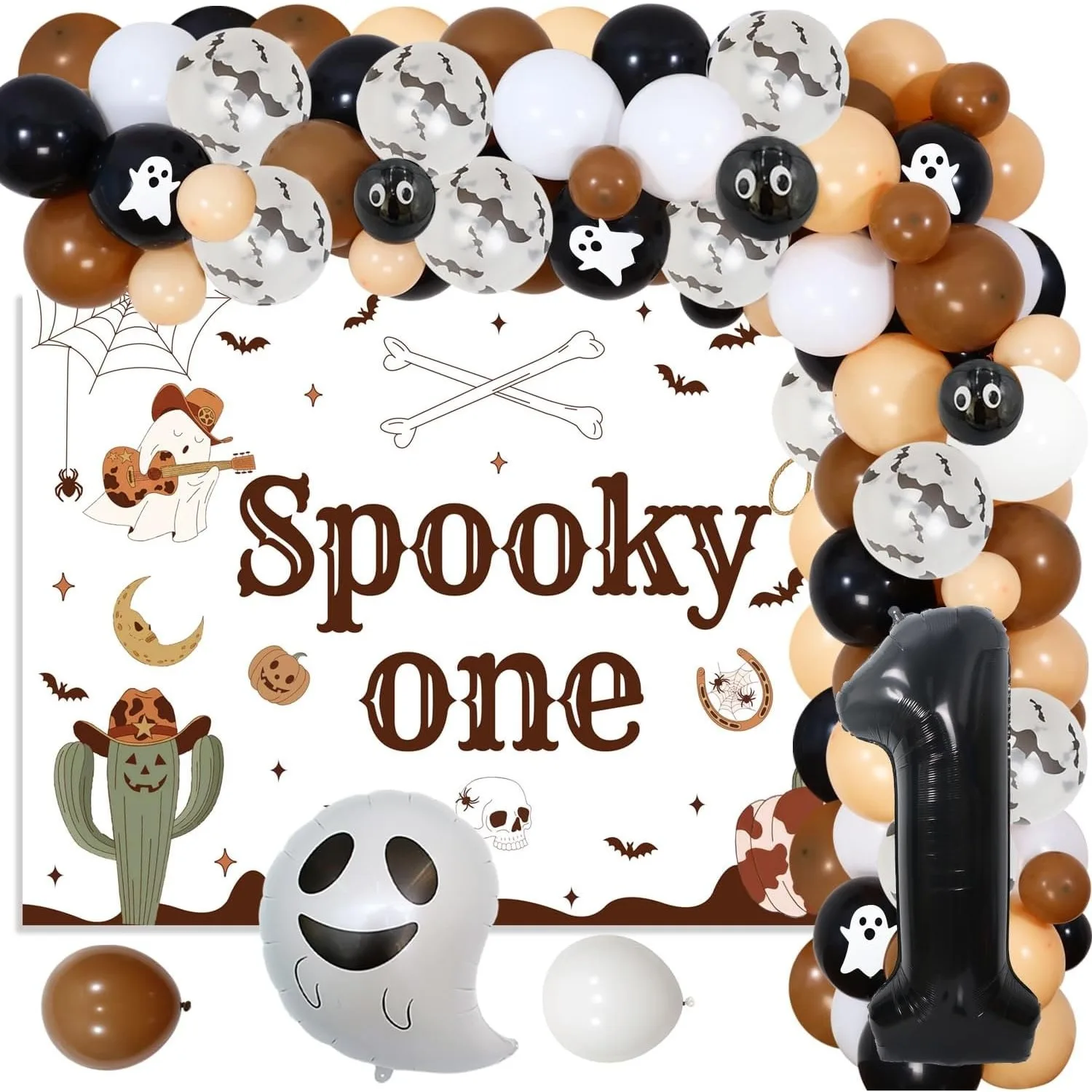 

Sursurprise 73PCS Spooky One Halloween Western Cowboy 1st Birthday Party Backdrop Foil Balloons Birthday Party Decor Supplies