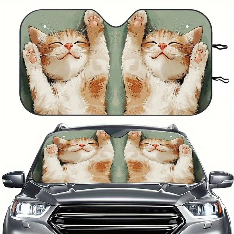 1Pcs Cute Sleeping Stretch Orange White Cat Print Car Windshield Sun Shade, With 4 Free Suction Cups, Easy Storage Design