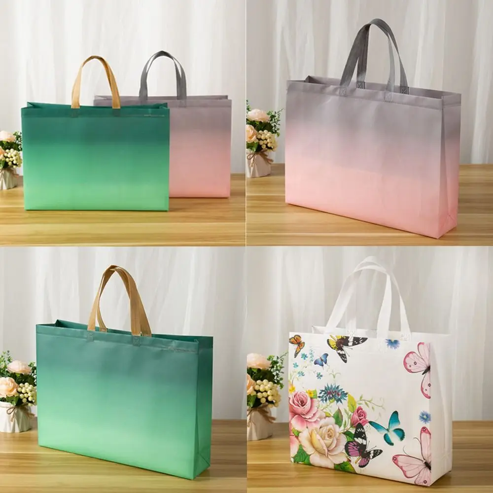 Tas jinjing Non Woven warna gradien tahan lama dengan pegangan tas jinjing kapasitas besar tas belanja dapat digunakan kembali dipertebal