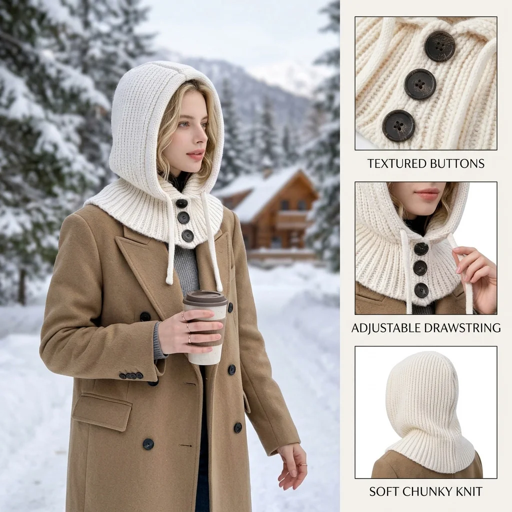 Women Winter Knitted Balaclava Hat 2‑in‑1 Warm Neck Scarf Hooded Cap Drawstring Button Windproof Outdoor Cold Weather Headwear