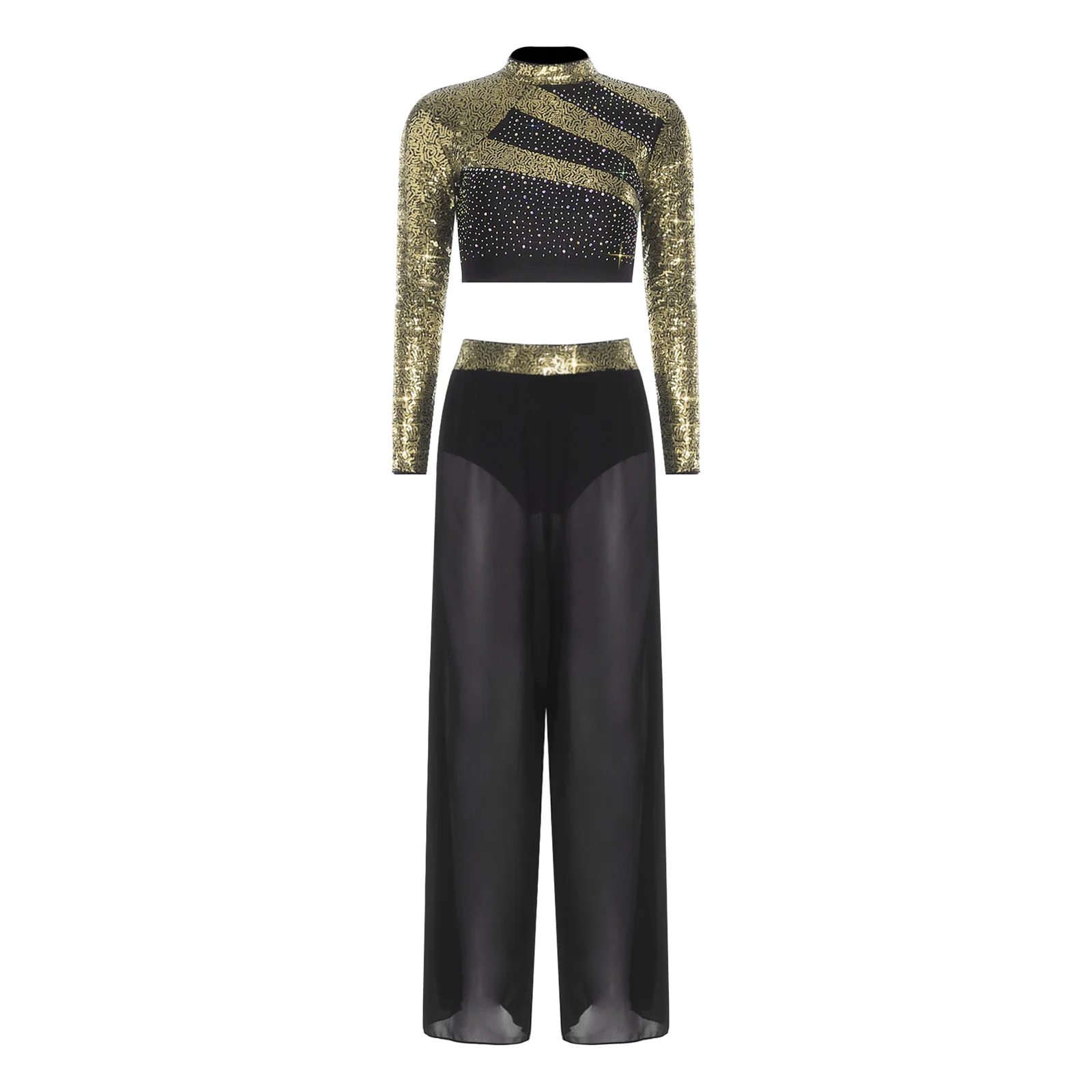 Women Lyrical Dance Set Ballet Jazz Latin Dance Costume Long Sleeve Sequin Crop Top with Sheer Mesh Side Slit Dance Pants Outfit image 3