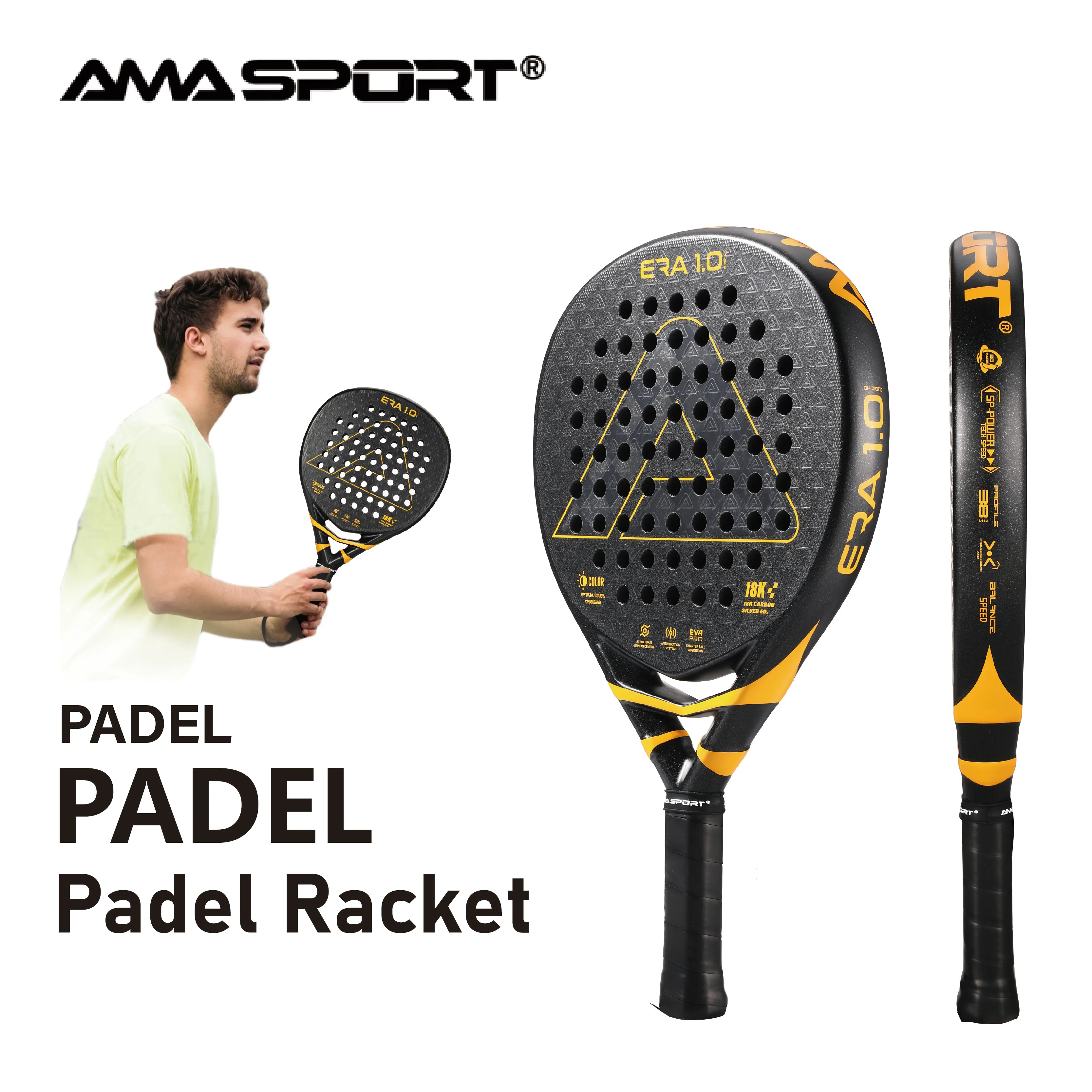 

AMASPORT 18K Carbon Advanced Pale de Padel с 3D текстурированной поверхностью, технология Smartstrap Padel для ракетки Spin Padel