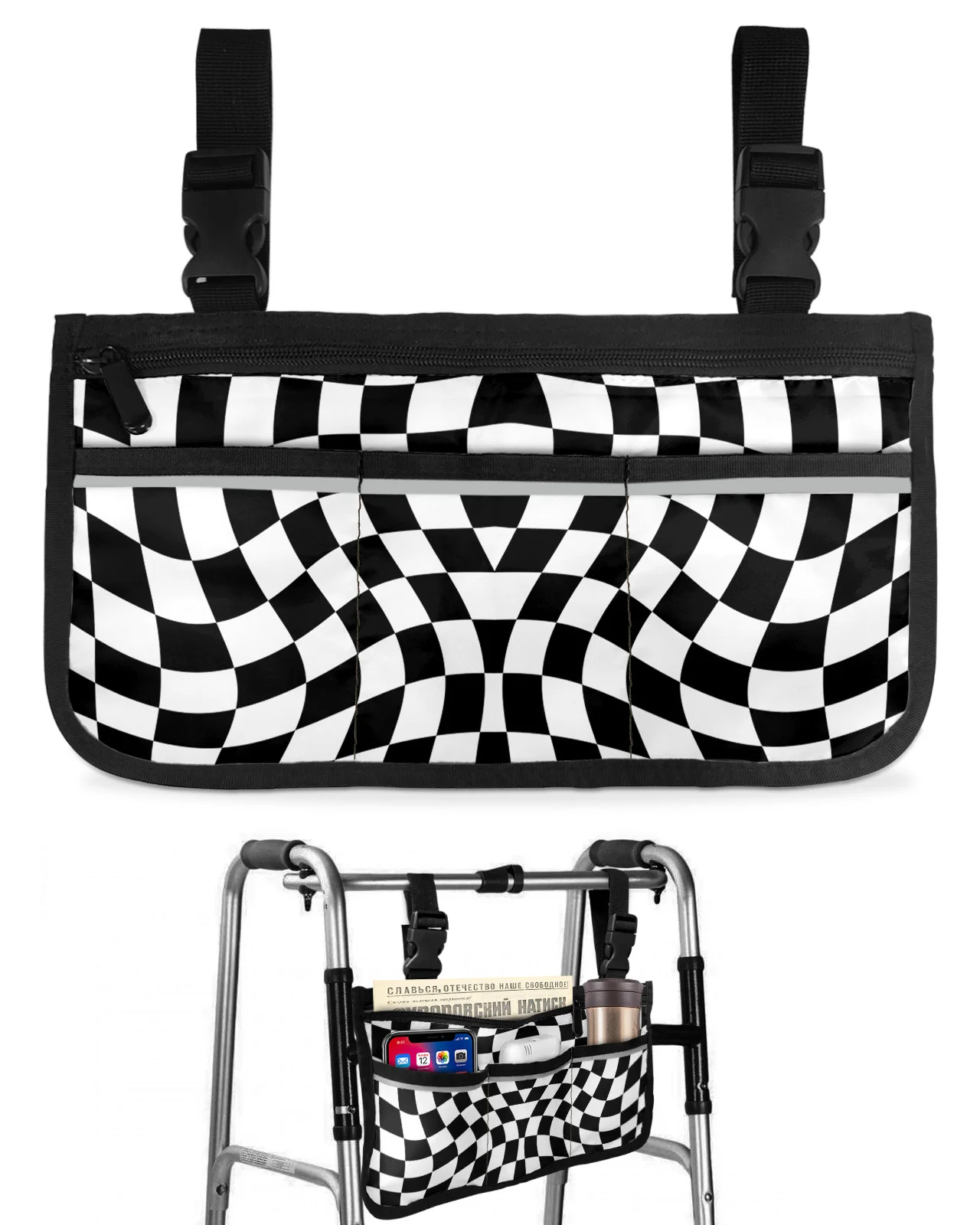 Checkered Black White Lattice Wheelchair Bag With Pockets Armrest Side Bags Electric Scooter Walking Frame Storage Pouch