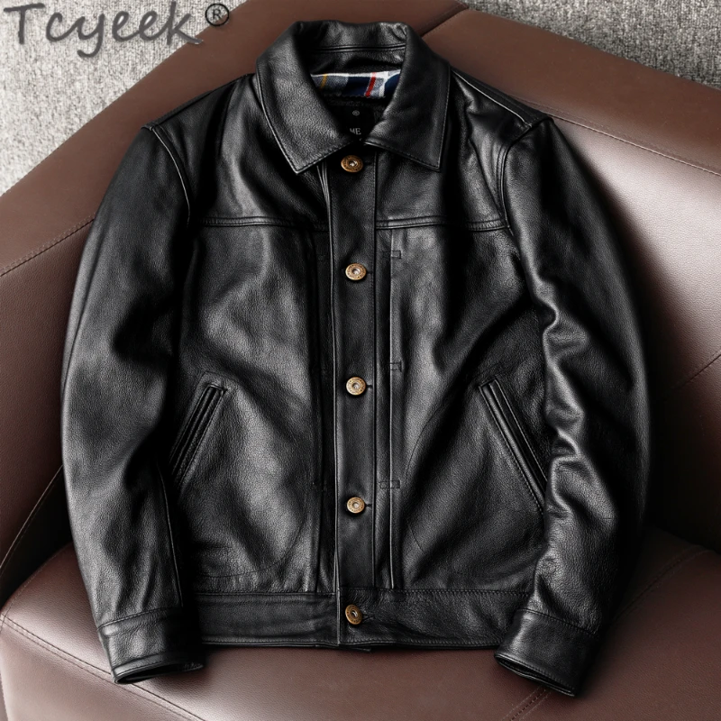 Genuine Leather Jacket Men New Pure First Layer Cowhide Leather Coat Men's Casual Short Cloth Lapel Fashion Chaquetas Hombre FCY