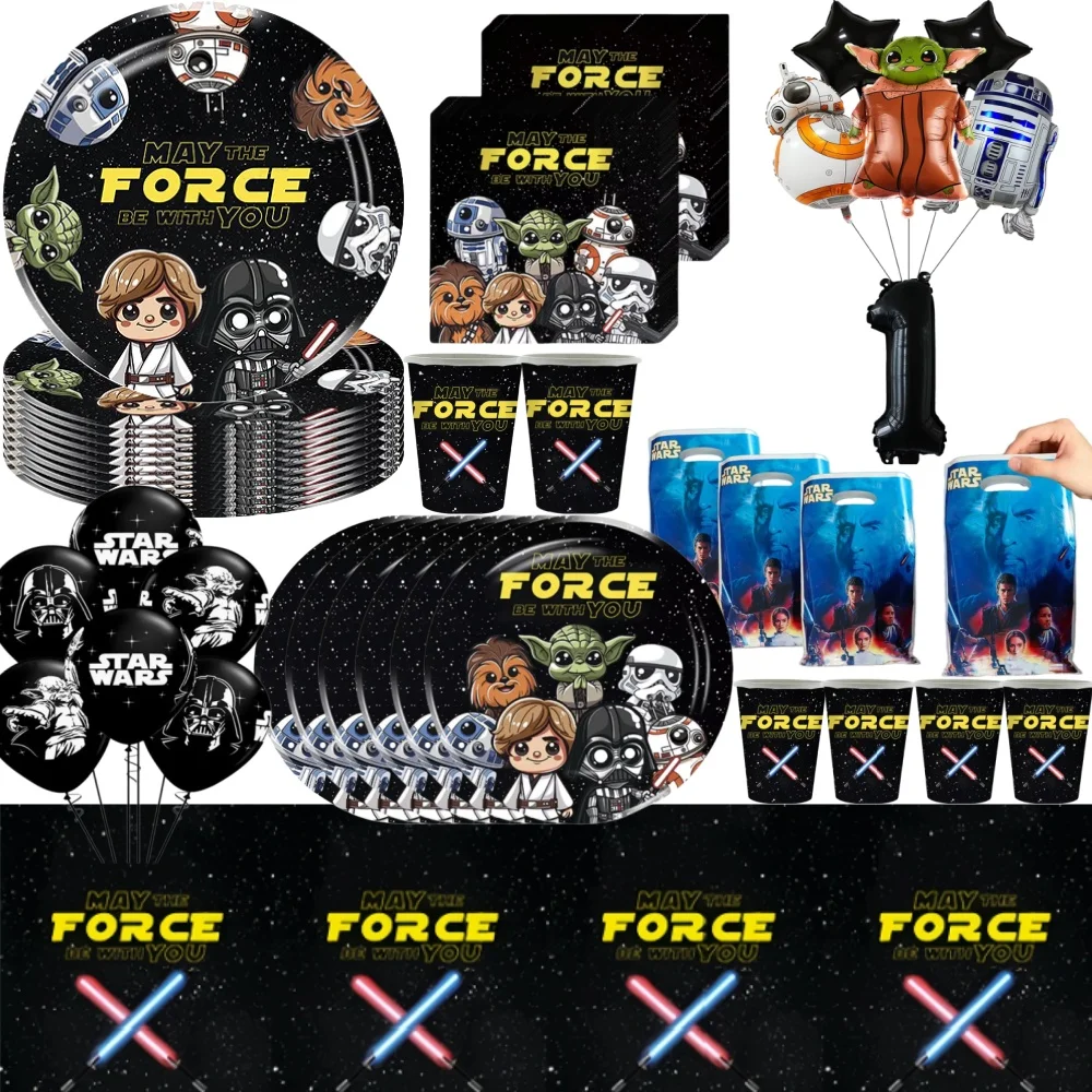 Conjunto de utensílios de mesa para festa Star Wars, prato, copo, guardanapo, toalha de mesa para chá de bebê, decoração de festa de aniversário infantil