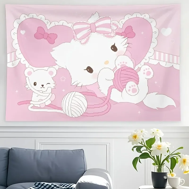 Bedruckter Wandteppich mit Sanrio-Familie, Cartoon-Motiv, niedliche Raumdekoration, geeignet für alle Feiern, Feiertagsdekorationen, Pfirsichrot, hellbeige