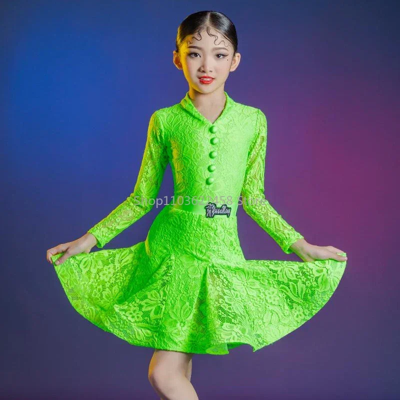 Ropa de baile Samba Tango para niñas, vestido de baile latino Rumba verde de manga larga, traje de baile de salón de competición para niñas