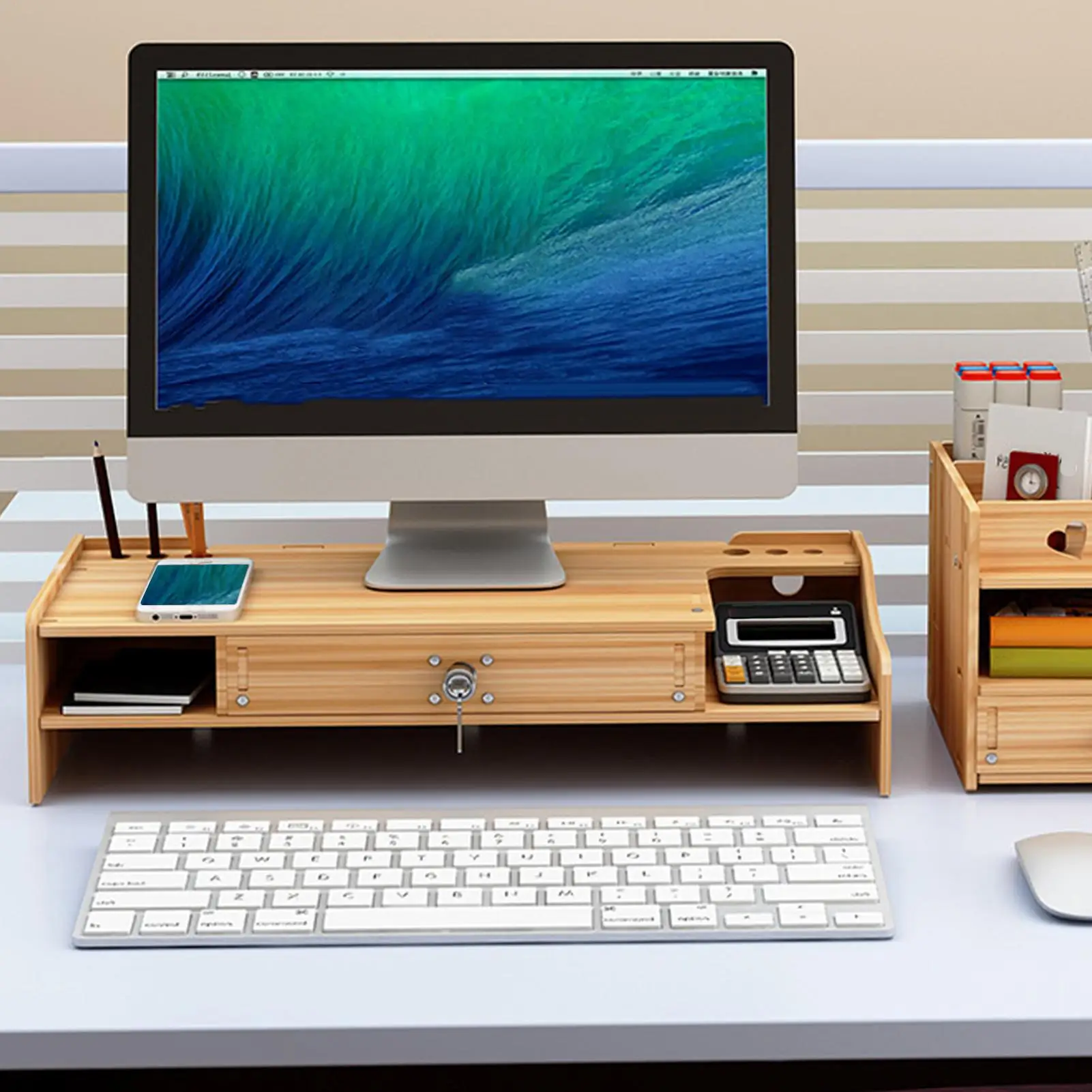 Monitor Stand For Desk Wooden Desktop Organizer Shelf With Drawer Desk Shelf Organizer For Laptop Printer PC TV Screen Pen Home