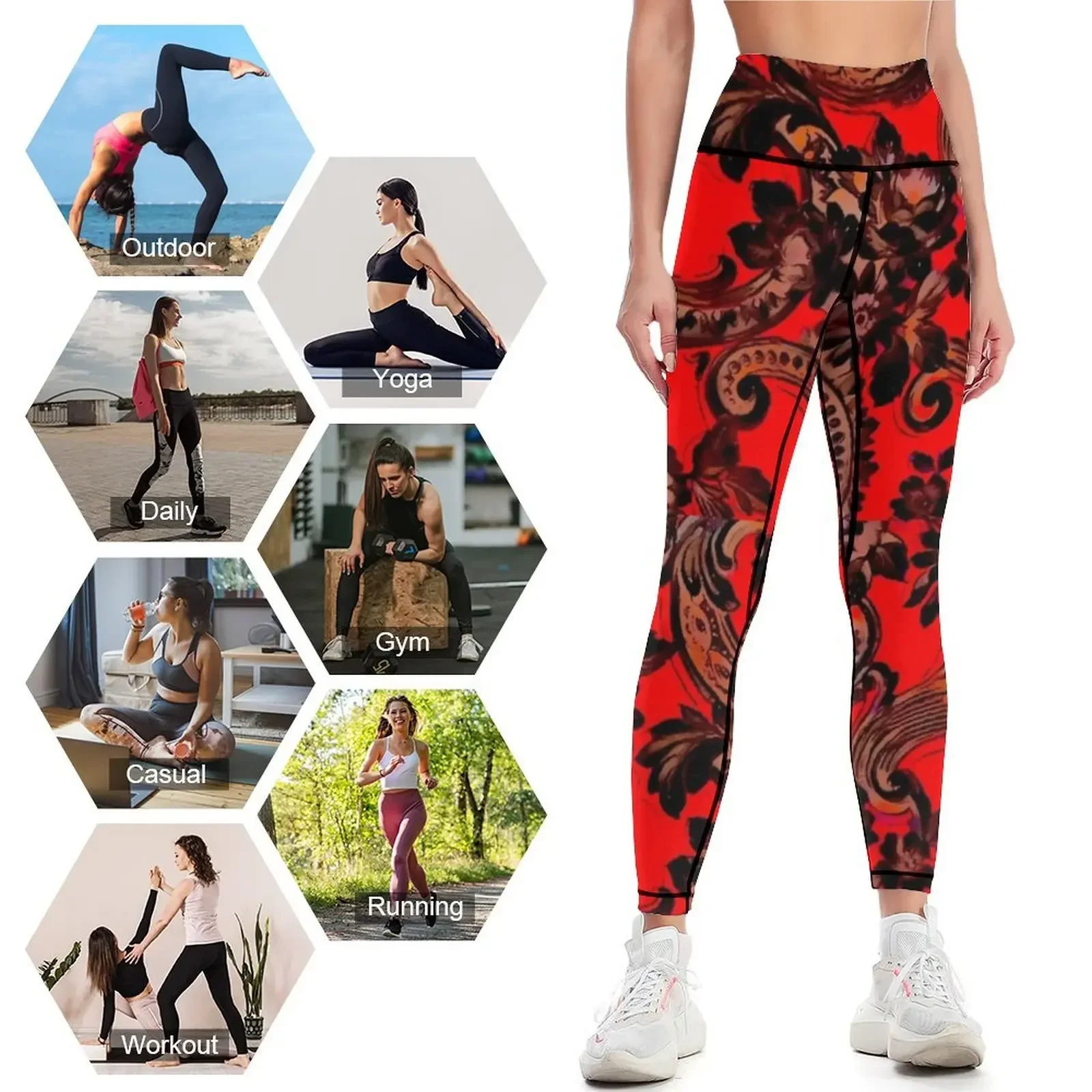 Black flower pattern on a red background Leggings gym clothing Training pants Clothing fitness Fitness woman Womens Leggings
