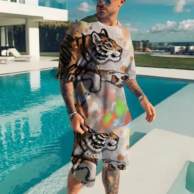 

2025 Summer New 3D Printed Animal Pattern Sportswear Men's T-shirt Set Fashion Sportswear Shorts Two Piece Set