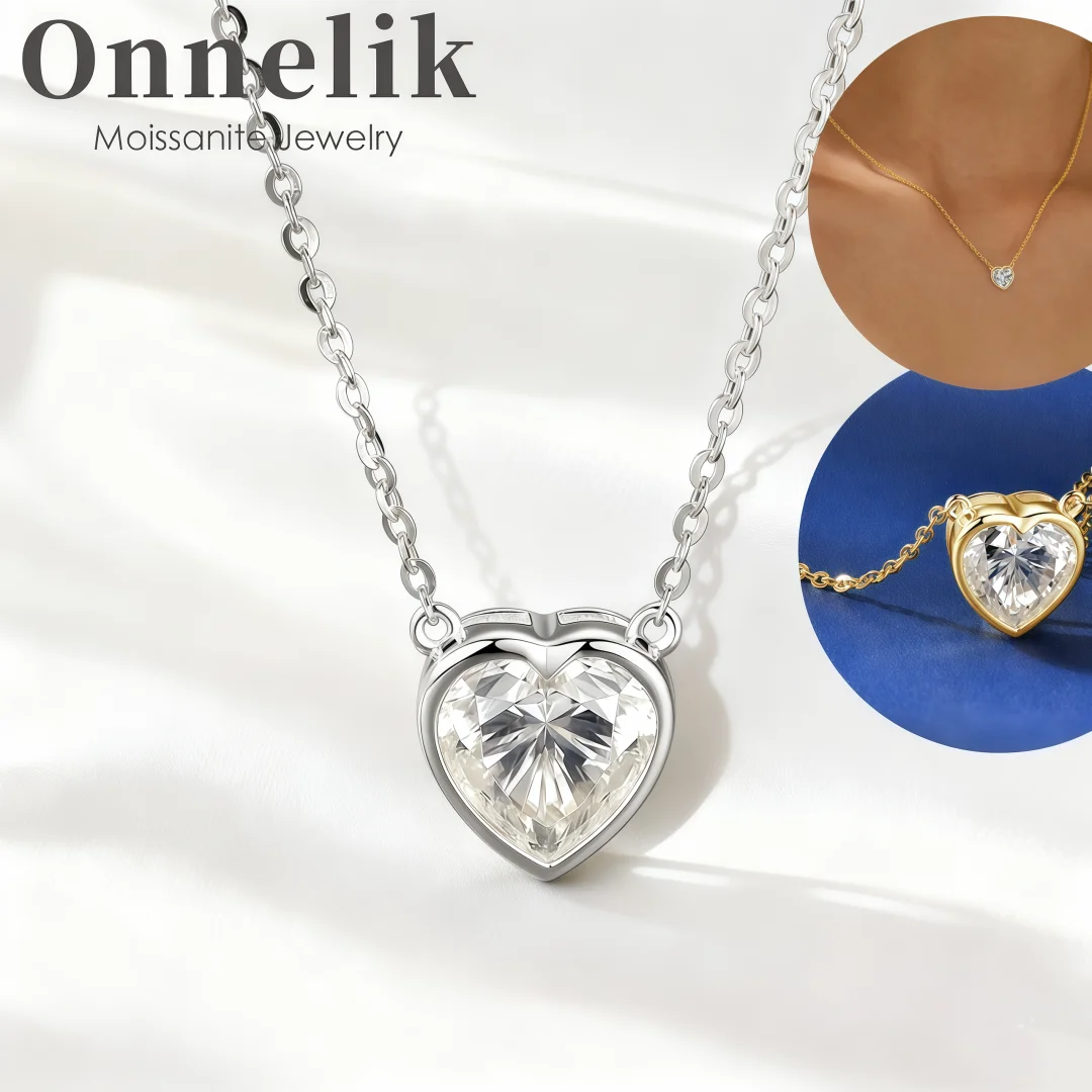 

Onnelik S925 Sterling Silver 2CT Sweet Heart Shape Moissanite Pendant Necklace for Women Elegant Collarbone Chain Daily Luxury