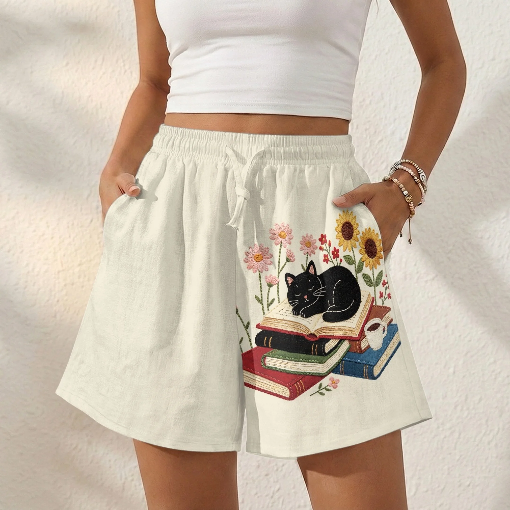 Women's Casual Linen Shorts Book Cat Summer Shorts for Women Vacation Baggy Trendy Linen Shorts Beach Bottoms for Party Vacation