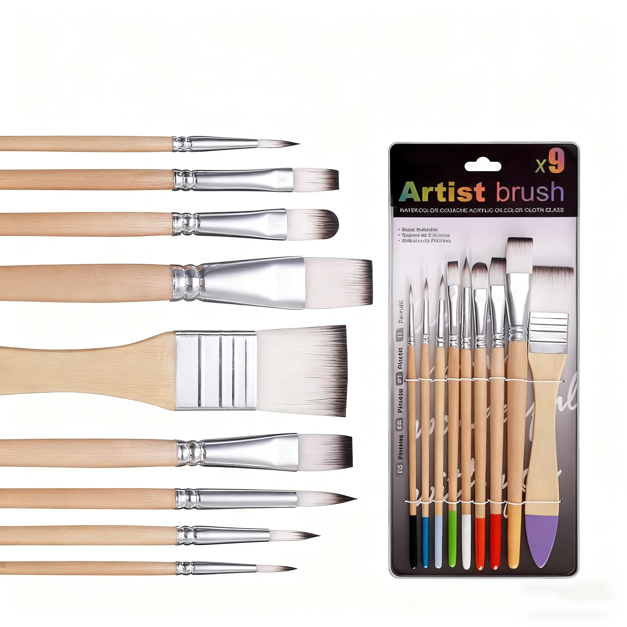 Beginner Brush Set - 9pcs Nylon Hair for Canvas Watercolor Acrylic Oil Painting, Artist Painting Tools
