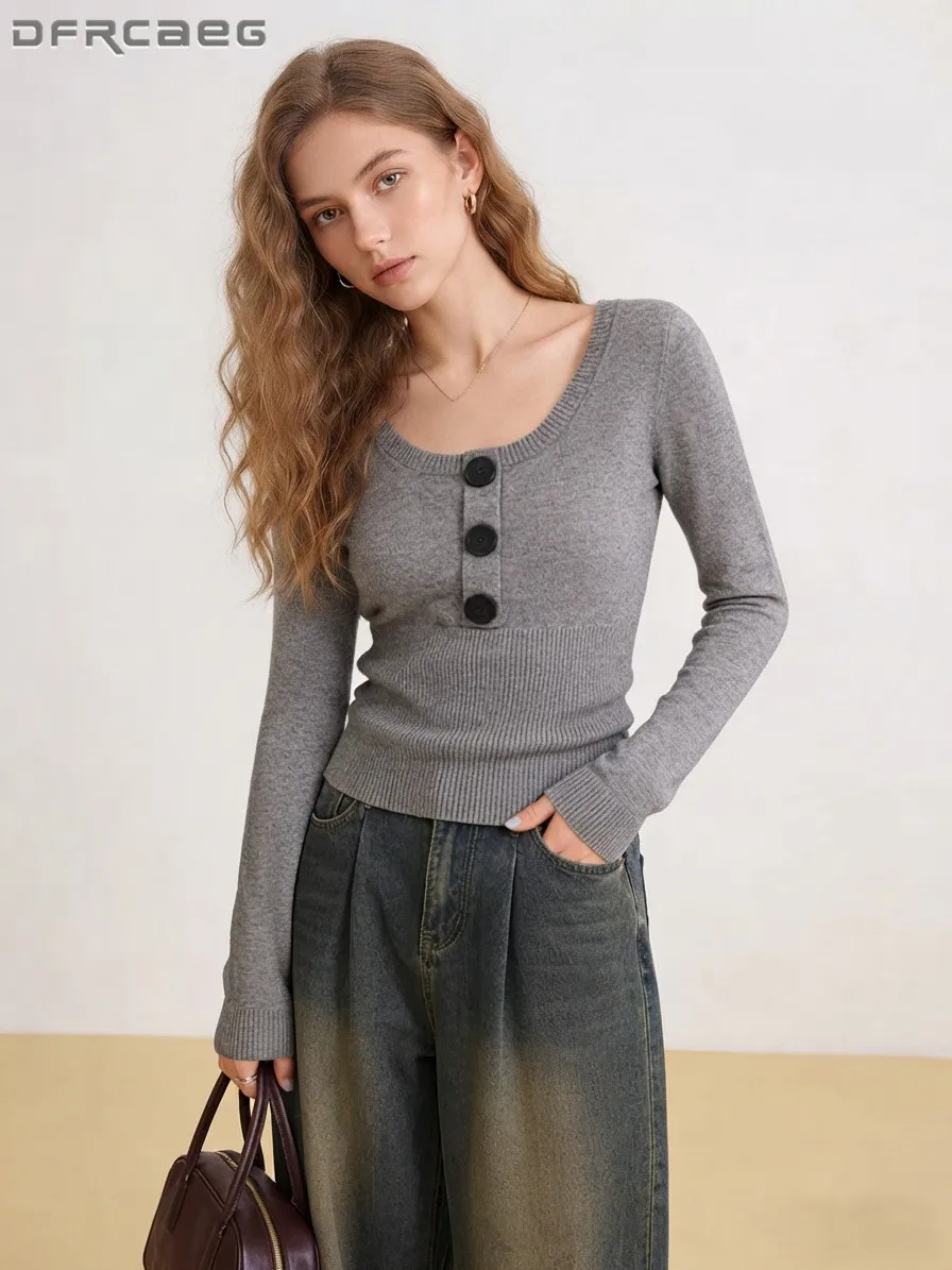 Autumn Winter Women's Slim Button Base Layer Knitted Sweater Long Sleeve Casual Pullover Top Clothes