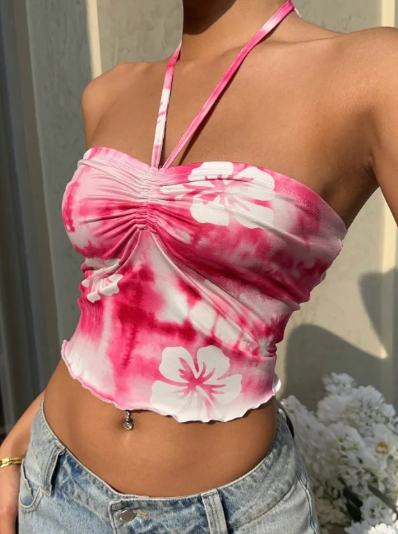 Summer European and American sexy tie dye vest, strapless women's top Foreign trade vacation style hanging neck suspender top