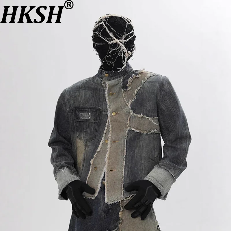

HKSH Spring Autumn New Men Chic Deconstructed Patch Designs Vintage Denim Jacket Trendy Casual Frayed Spliced Punk Jeans HK16296