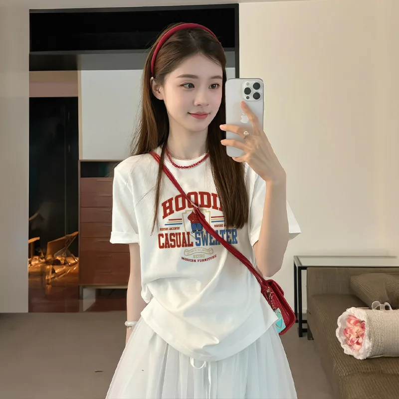 

American Style Short sleeve T-shirt Women's 2025 Summer New 100% Cotton Letter Print T-shirt Loose Casual Y2k Top Female clothes