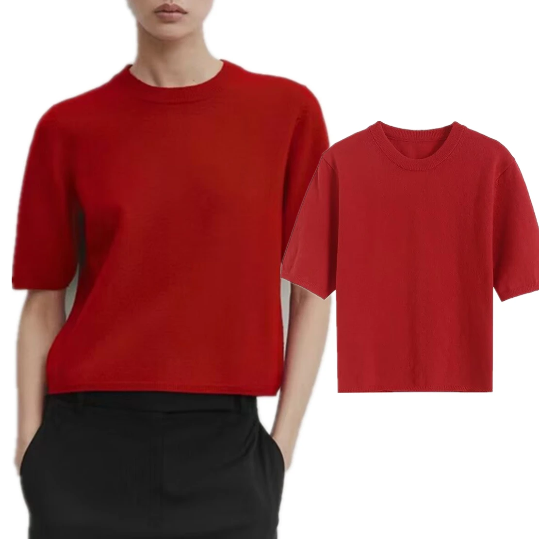 

Dave&Di Tshirts Women For 2024 Summer Fashion Red Short Sleeve Elegant Knitwear Casual Pullovers Tops
