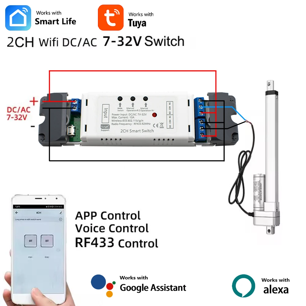 

Tuya Smart Wifi Electric Linear Actuator Motor Controller,DC AC 12V 24V 32V 2 Channel Switch,RF433 Remote,2CH Pulse Module Relay