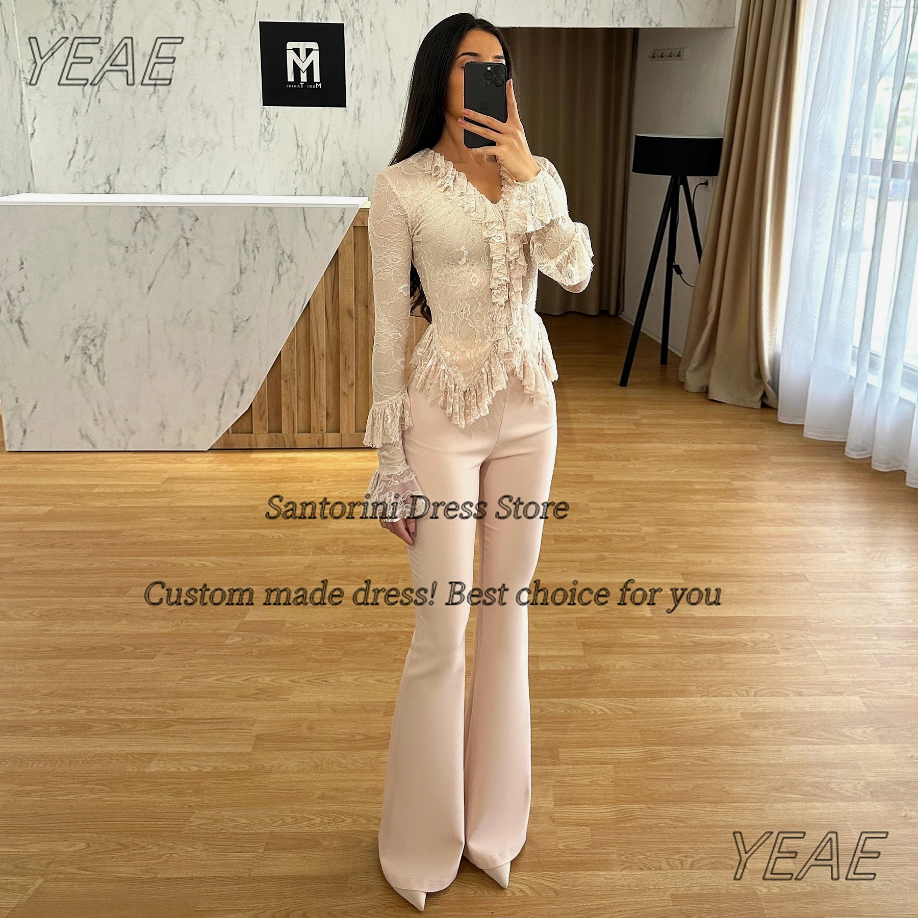 

Santorini 2-Pieces Prom Dresses Long Sleeves Lace Top Vestidos Des Fiesta Pant Suits Women Wear Evening Gowns Customized