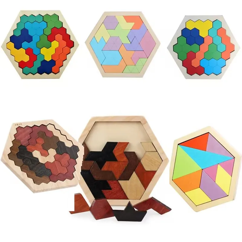 

3D Hexagonal Wooden Puzzles Educational Toys for Children Kids Preschool Tangram Board Brain IQ Test Game Montessori Toys Gifts