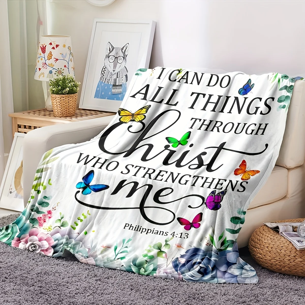 Christian Faith Throw Blanket I Can Do All Things Through Christ Floral Butterfly Inspirational Quote Art Decor for Sofa Bedroom