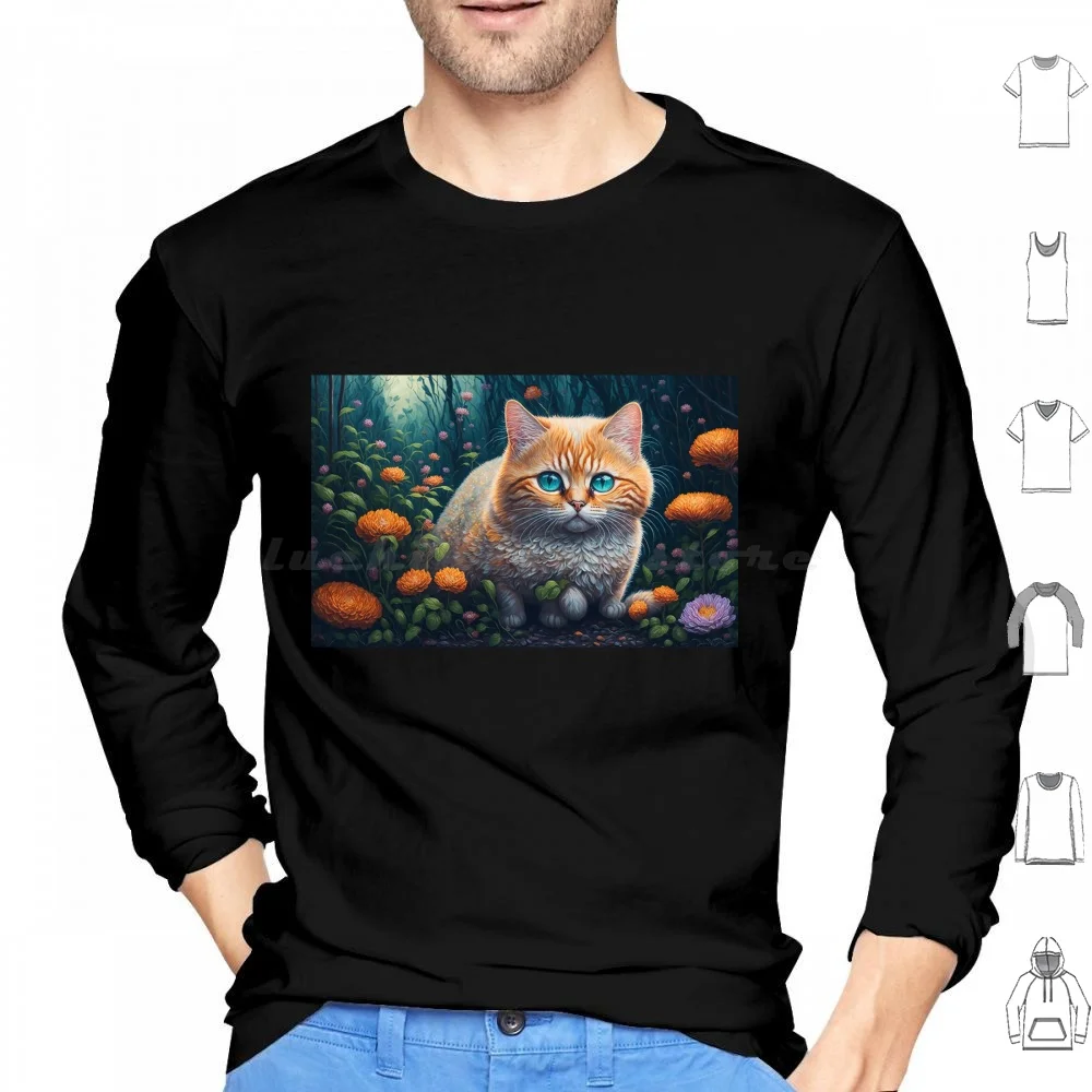 Cat With Fungus And Flowers Hoodies Long Sleeve Cat Lovers Oil Painting Cat Beautiful Forest Fungus Flowers