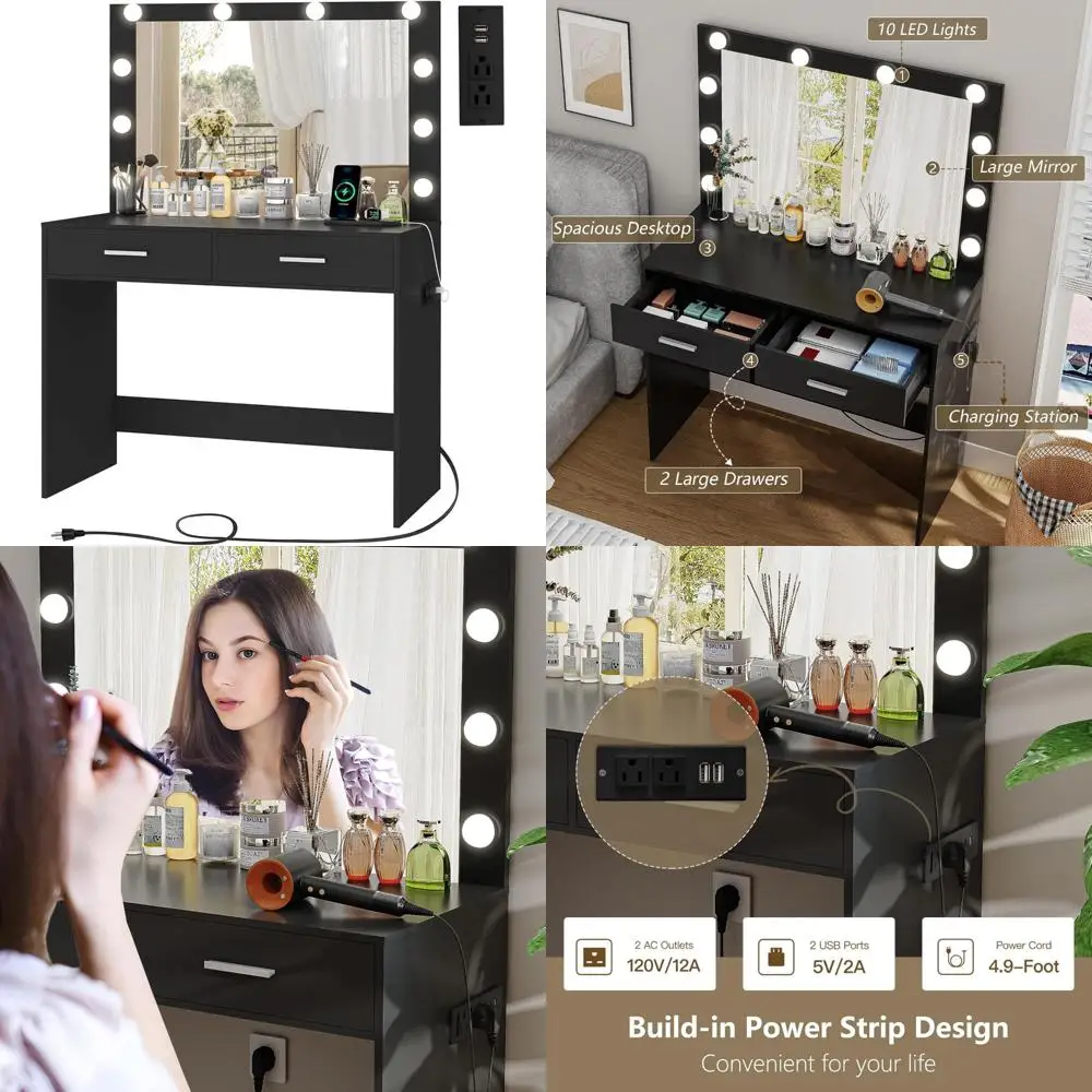 

Adjustable Makeup Vanity Table Set with 2 Drawers, Mirror, Lights, and Power Outlets for Small Spaces