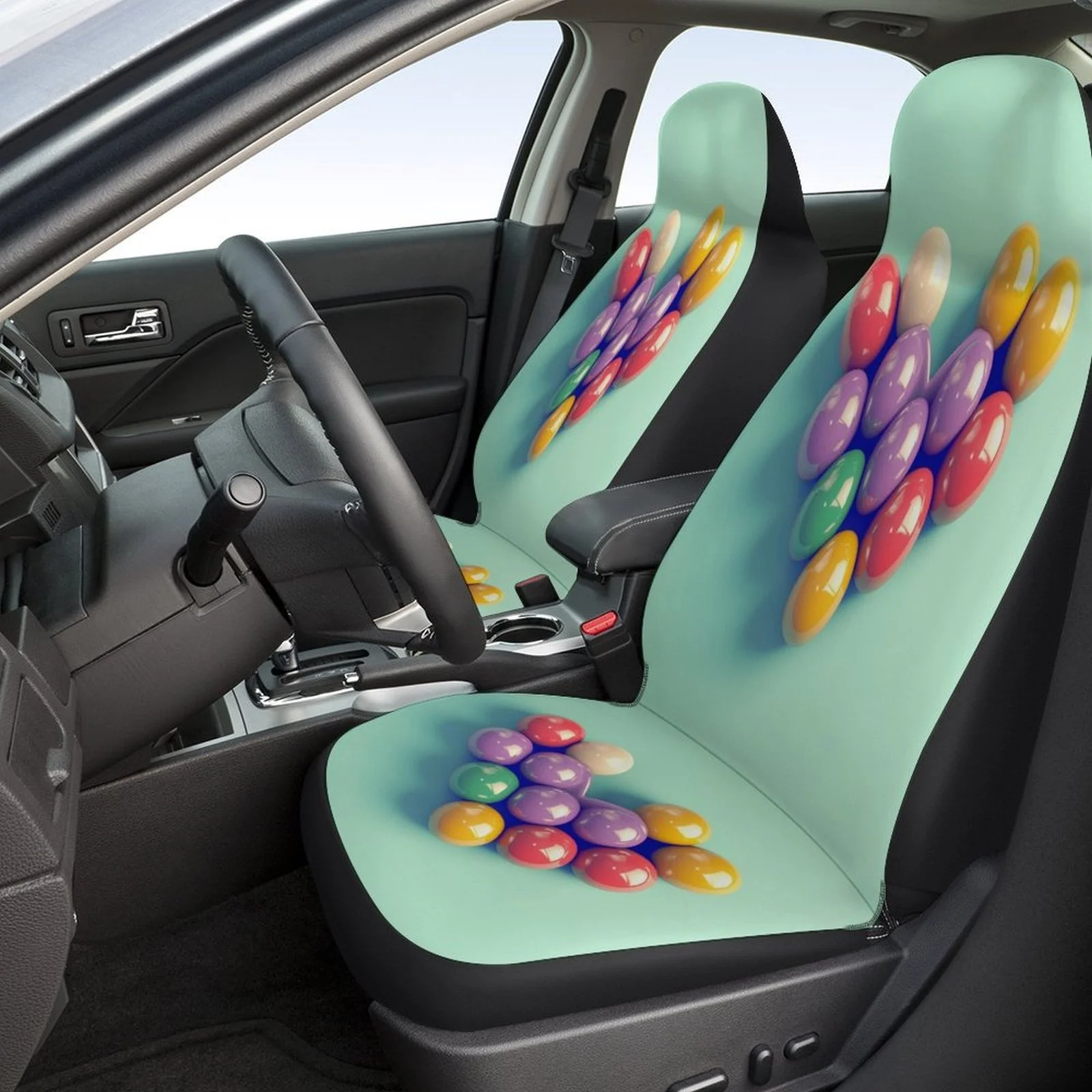 A Set Of Car Seat Covers Featuring A Heart Design With Vibrant Balls, Suitable For Most Vehicles. These Stylish Novelty Covers P