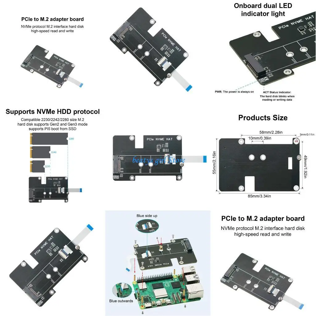 

C7AB M.2 M NVMe to PCIe Adapter Support M.2 M NVMe SSD 2230 2242 2280 Expansion Board Adapter Support PCIE Gen2 Gen3 for RPI 5