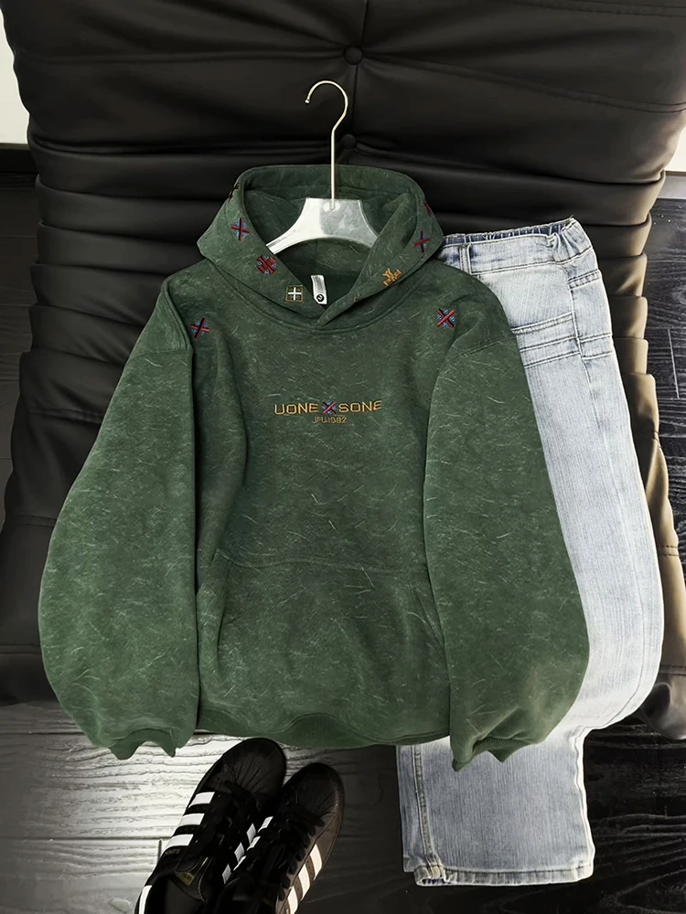 

American Sle Heavyweight Fce Lined Embroidered Hoodie Men's Autumn Winter Ethnic Sle Jaet High End Rigid Hooded Top