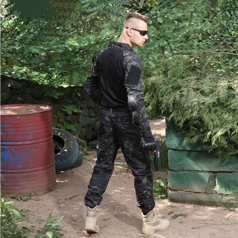 Outdoor Tactical Suits Men Clothing Wear-resistant Hunting Uniform Combat Shirt + Multi-pocket Cargo Pant with Pads Waterproof