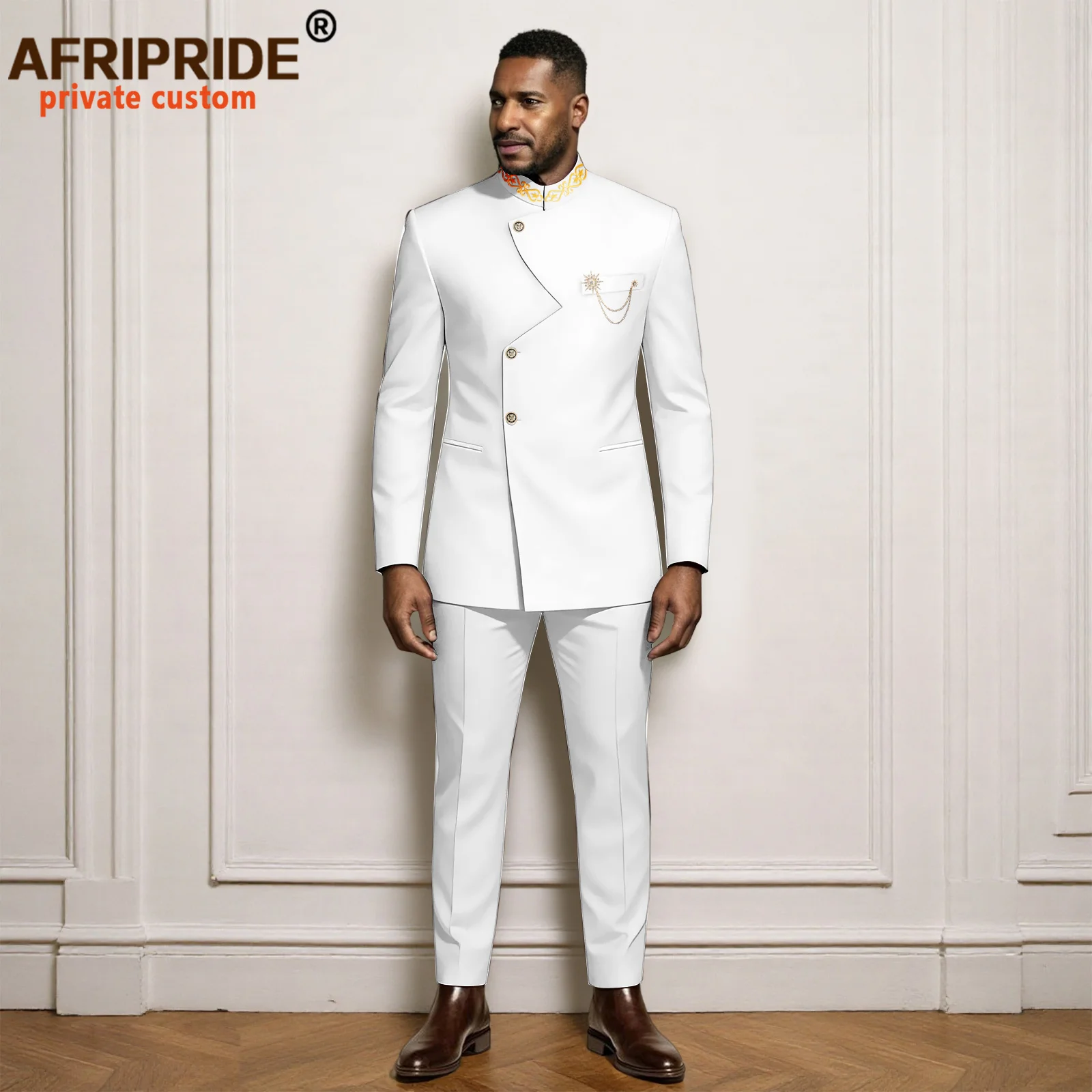 Men`s Business Suits Brooch Single Breasted Embroidery Blazer and Pants 2 Piece Set African Clothes Bazin Riche Attire 2616019