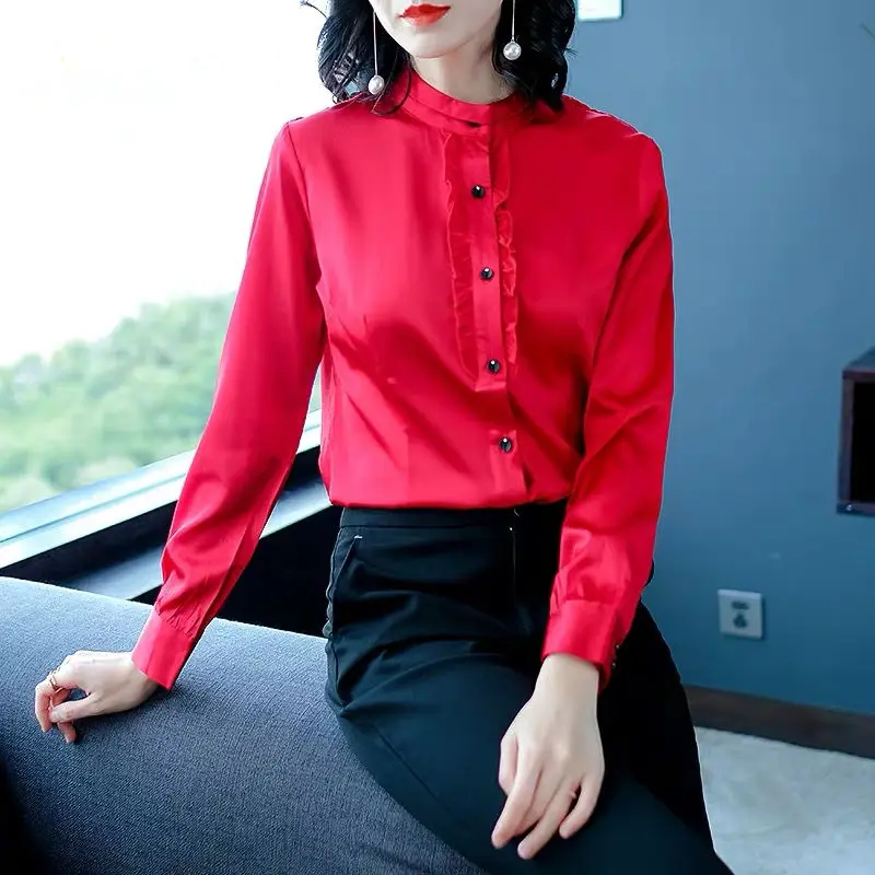 Women Korean Fashion Silk Satin Ruffled Elegant Blouse Office Lady Stand Collar Slim Shirts Casual Solid Long Sleeve Tops Blusas