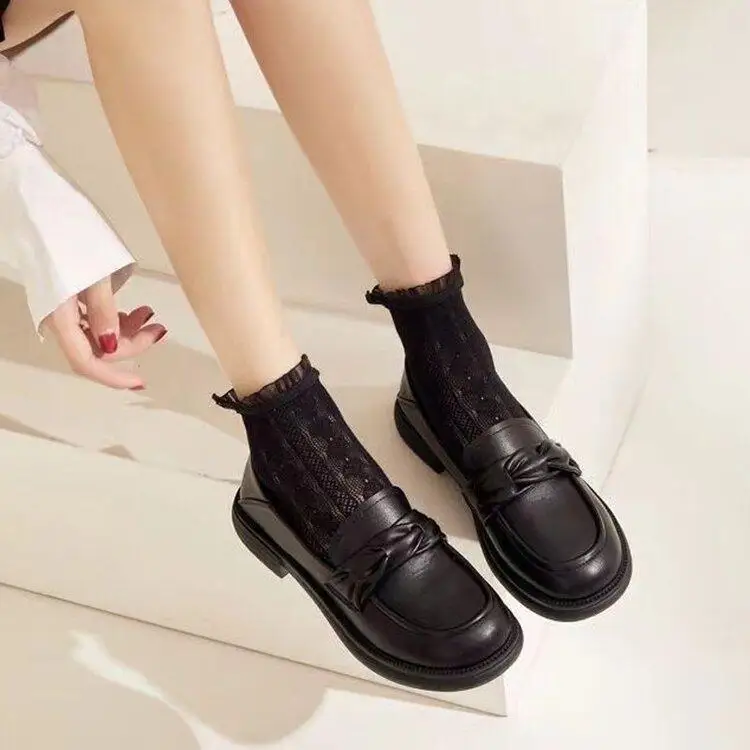 

Fashionable British Style Low Heel Women's Slip-On Casual Shoes Breathable Leather Inner Comfortable Sporty round Toe Shoes