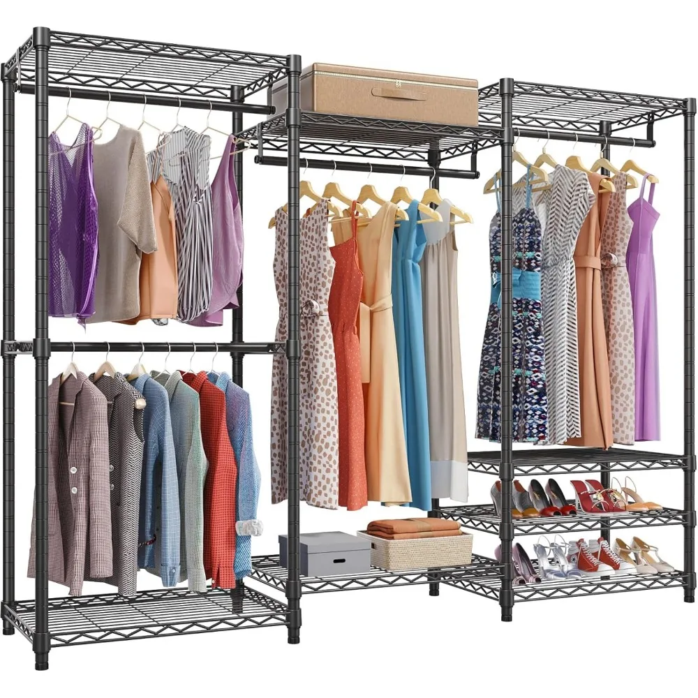 V5 Portable Closet Wardrobe Heavy Duty Clothes Rack, Freestanding Clothing Rack with 4 Hang Rods & 8 Shelves, Adjustable C