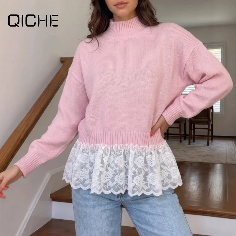 QICHE 2026 Autumn Winter Women Thin Knit Sweater Mesh Rose Lace Overlay Hem Fake Two Piece Loose Pullover Top
