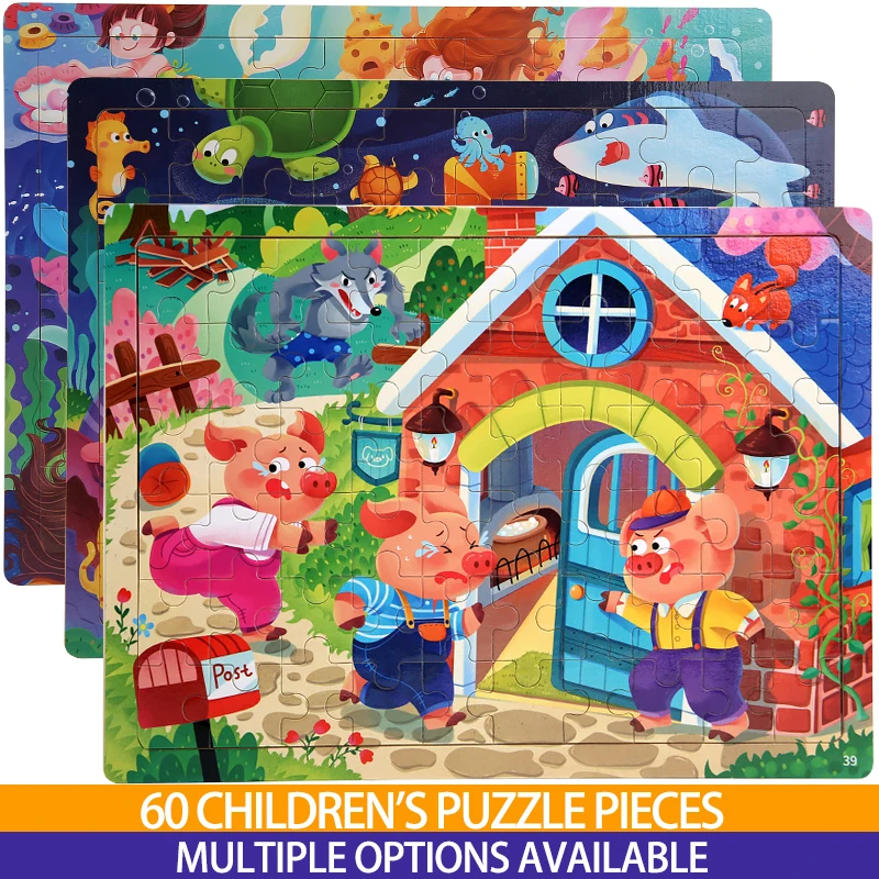 Wooden Kidsren's Early Education Educational Puzzle Toys 60 Pieces with Bottom Plate Convenient Storage Multiple Cartoon Themes